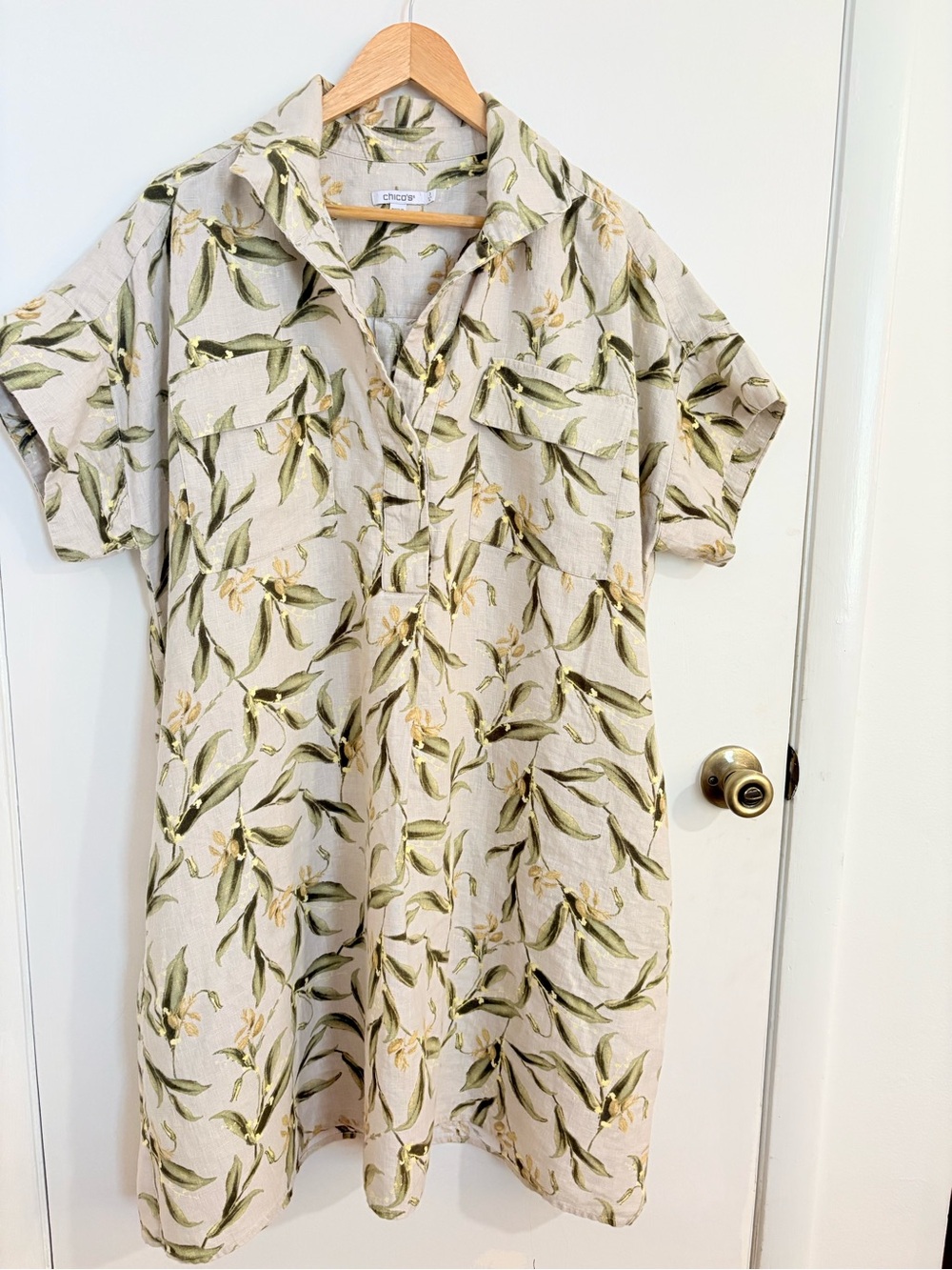 Chico’s 100% Linen Floral Botanical Shirt Dress Size 16